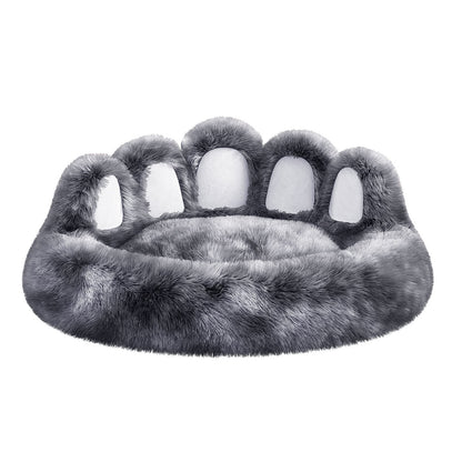Soft gray cute plush cat bed for indoor cats shaped like a paw for comfy lounging