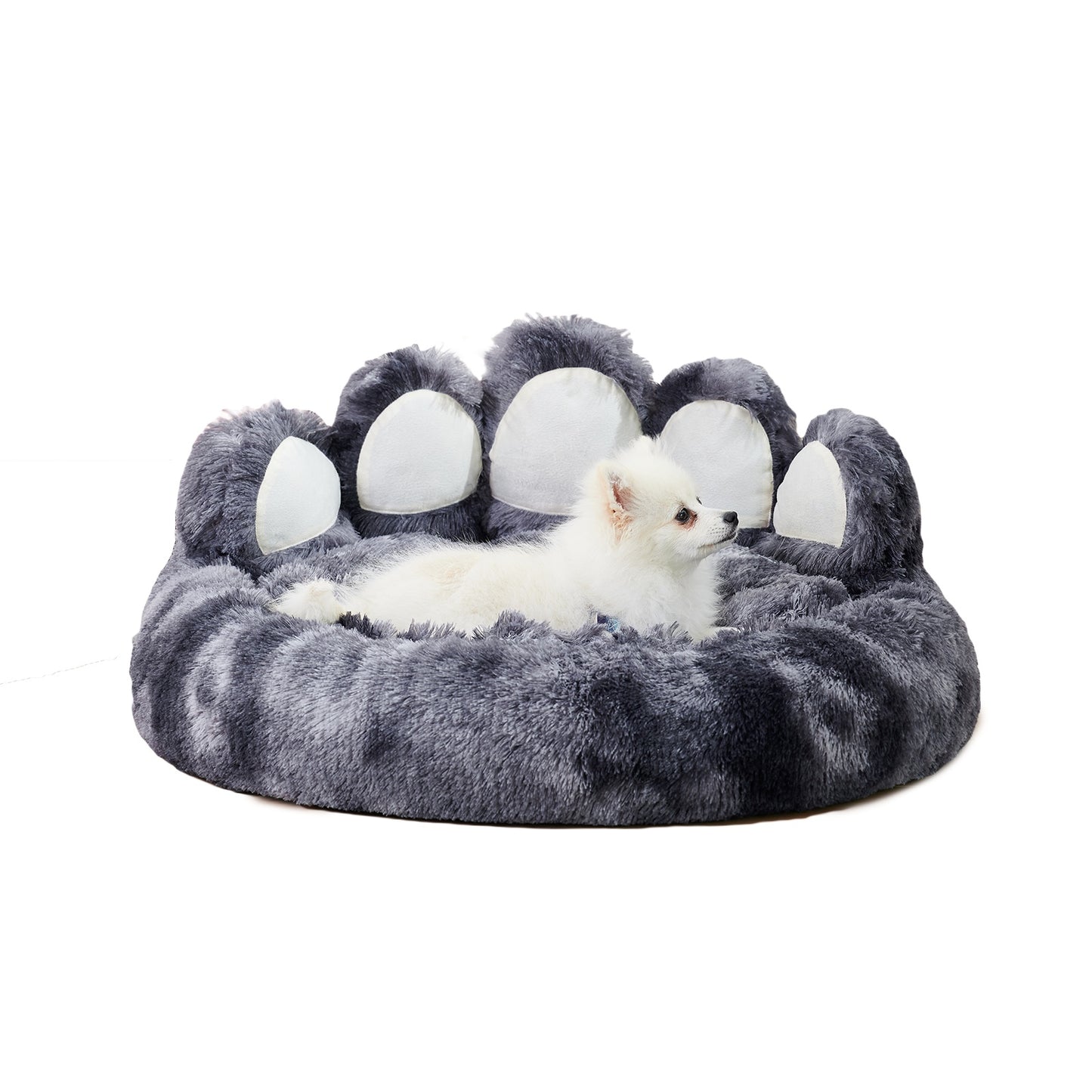 Cute plush cat bed for indoor cats in gray with paw-shaped design for ultimate comfort
