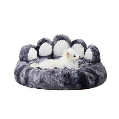 Cute plush cat bed for indoor cats in gray with paw-shaped design for ultimate comfort