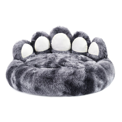 Cute plush cat bed for indoor cats designed like a giant paw for maximum comfort