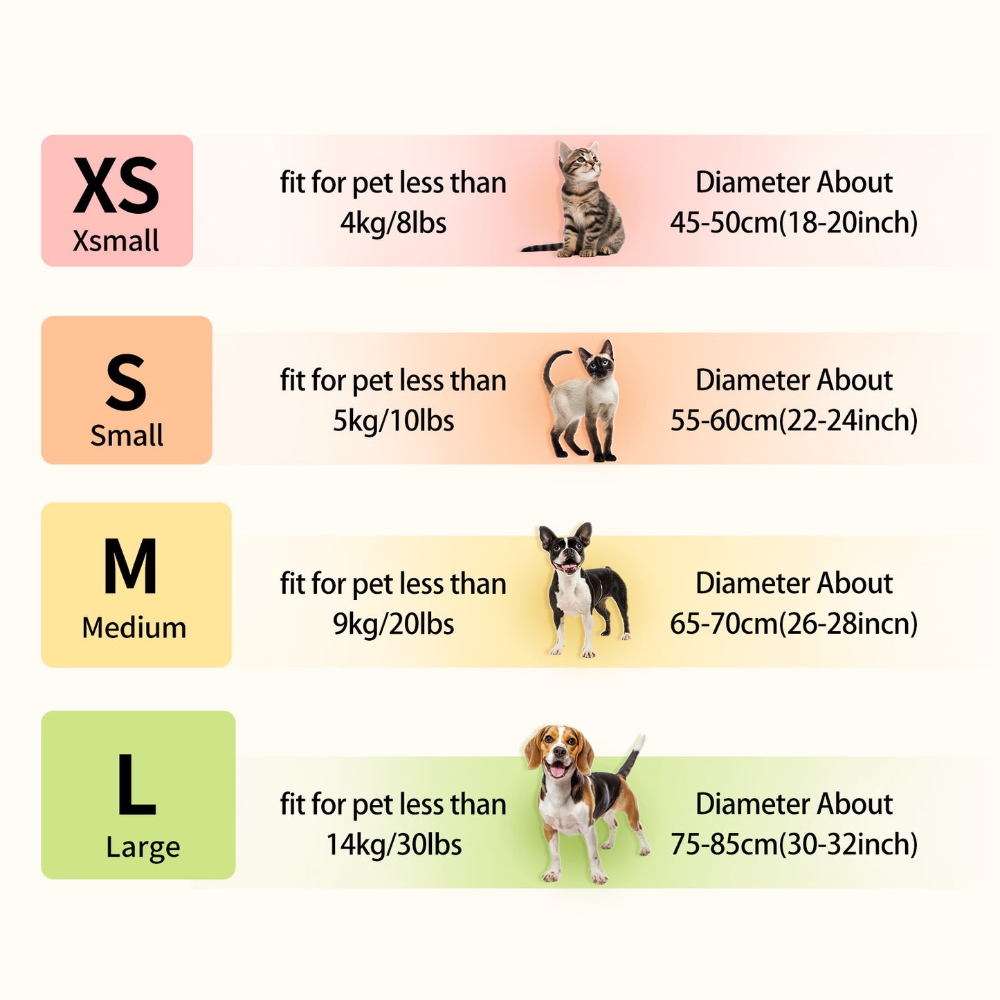 Size chart for cute plush cat bed for indoor cats showing XS to L diameters for various pet weights