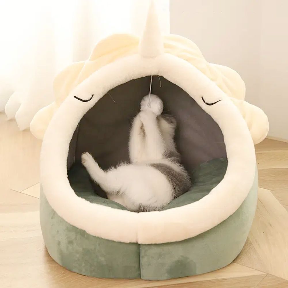 Yellow Pandora dinosaur pet house with toy featuring a soft green and white plush design for cats or small pets