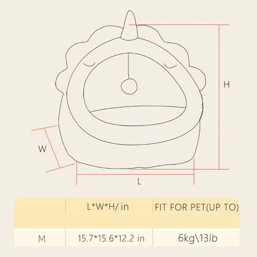 Yellow Pandora dinosaur pet house with toy size chart and dimensions for small pets up to 13 pounds