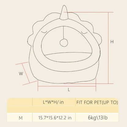 Yellow Pandora dinosaur pet house with toy size chart and dimensions for small pets up to 13 pounds