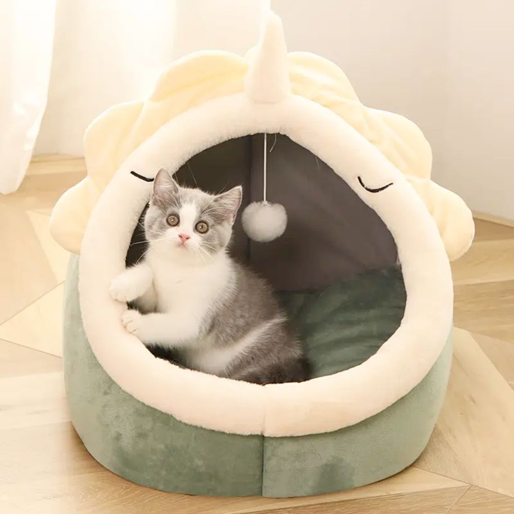Dinosaur pet house with toy featuring cozy soft bed and hanging ball inside for cats
