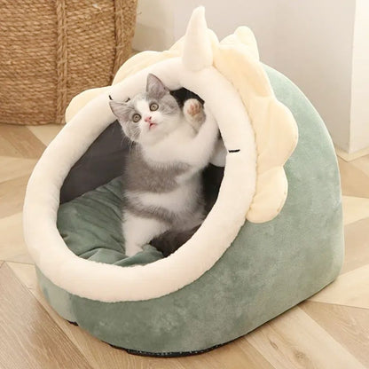 Gray and white cat playing inside a dinosaur pet house with toy by Yellow Pandora