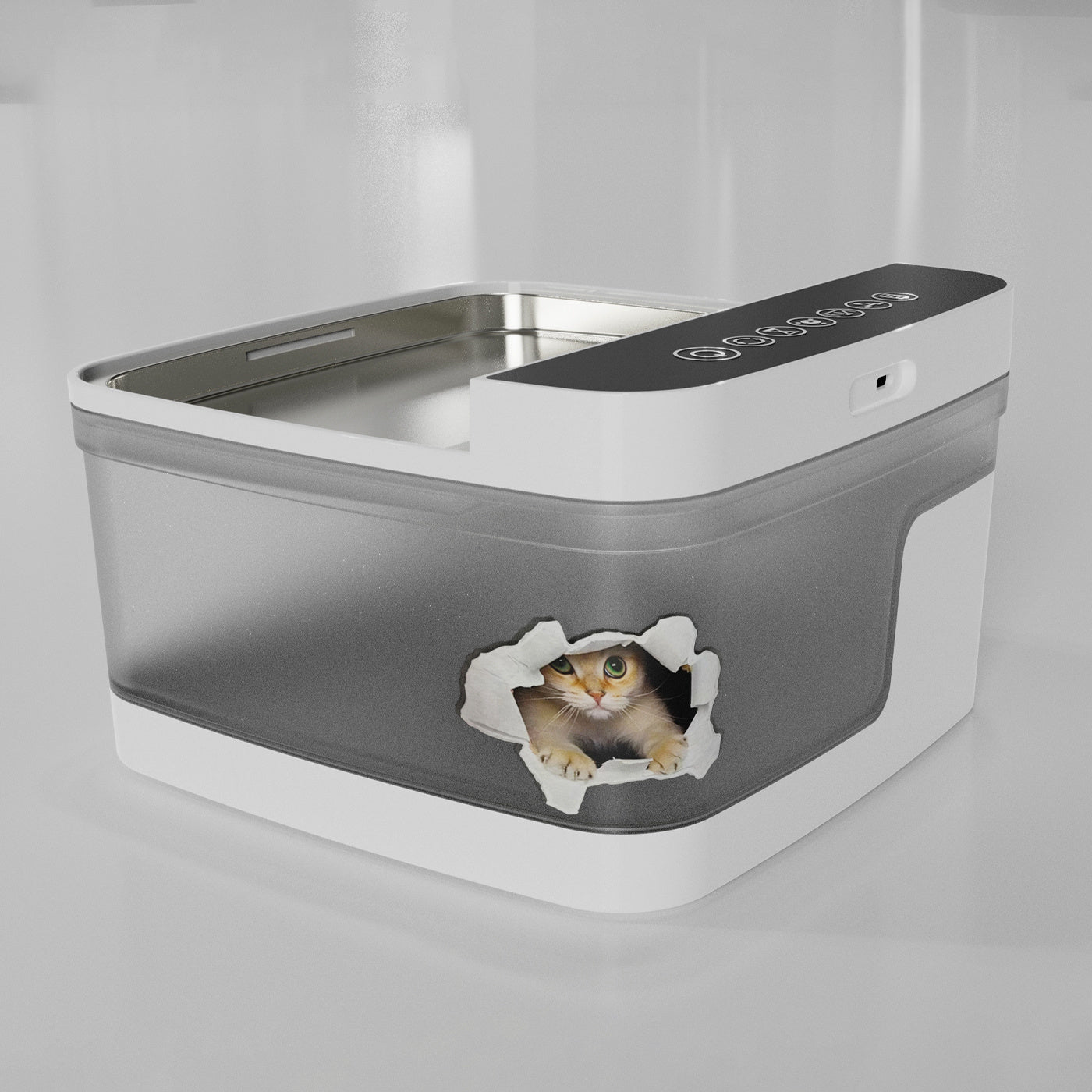 Pet Haven Delights dog and cat water dispenser with transparent design and playful cat feature
