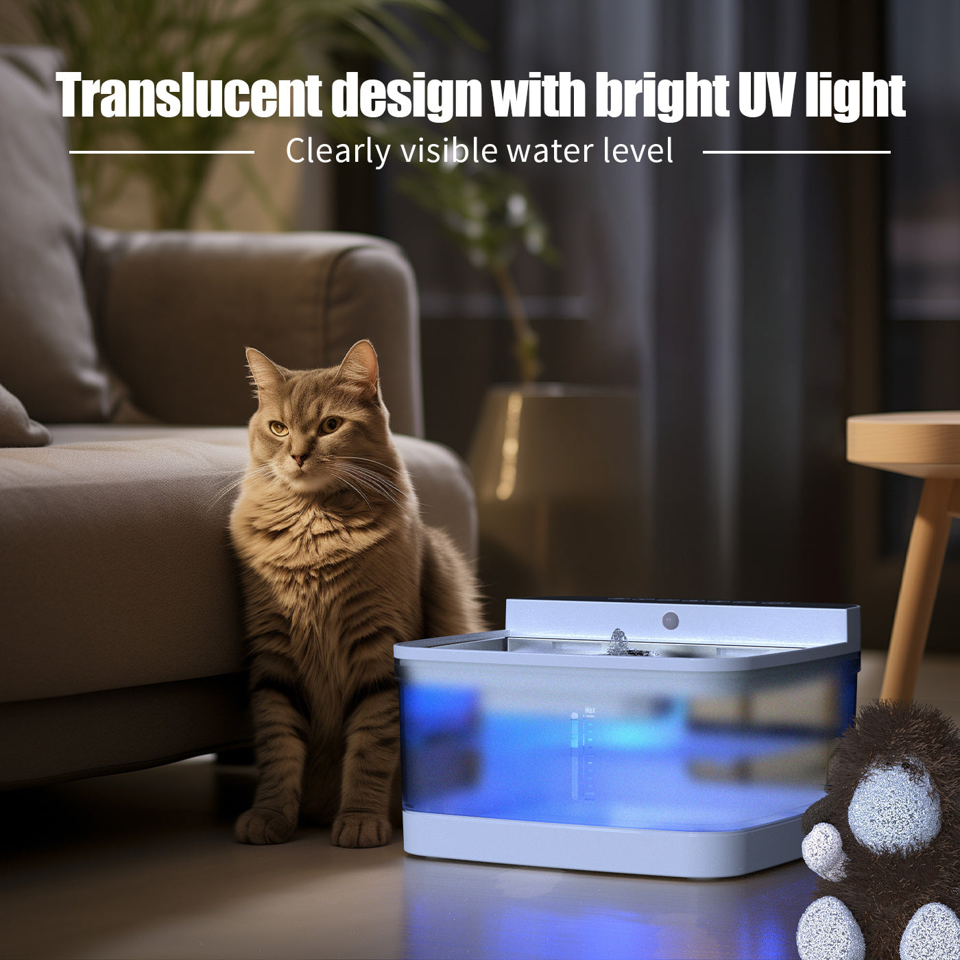 Dog and cat water dispenser with translucent design and bright UV light for easy water level visibility