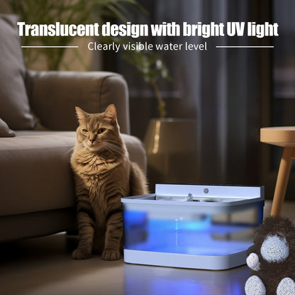 Dog and cat water dispenser with translucent design and bright UV light for easy water level visibility