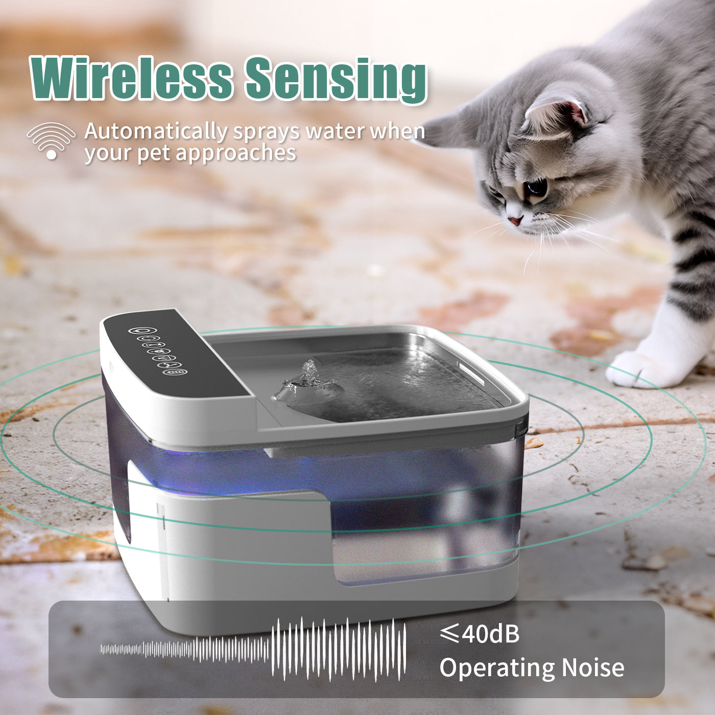 Wireless dog and cat water dispenser with automatic spray feature for pets, under 40DB noise level
