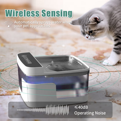 Wireless dog and cat water dispenser with automatic spray feature for pets, under 40DB noise level