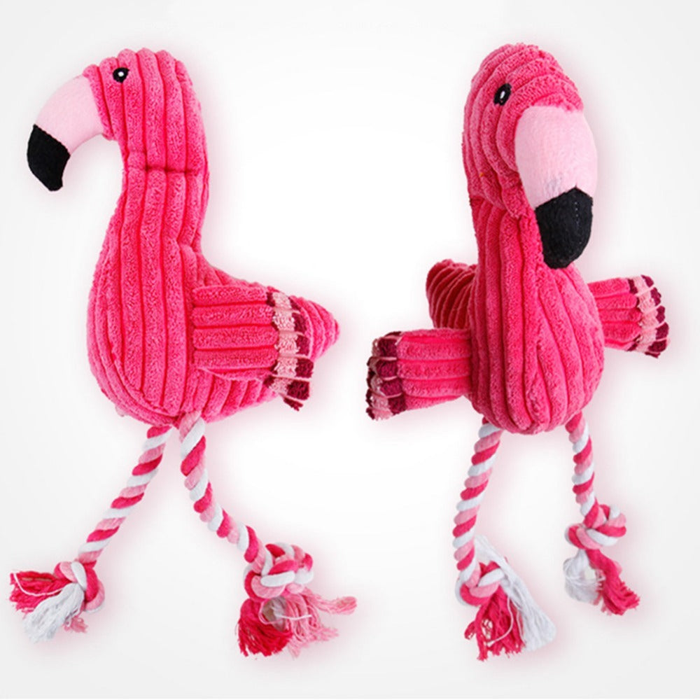 Cute pink flamingo dog teeth cleaning plush toy with rope legs for dental health and playtime