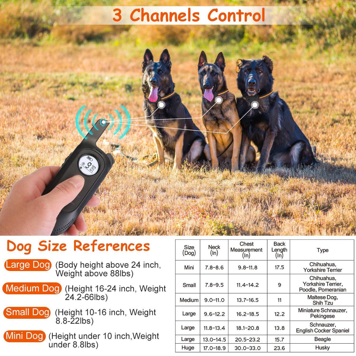 Long range dog trainer with safety lock featuring 3 channels control for various dog sizes