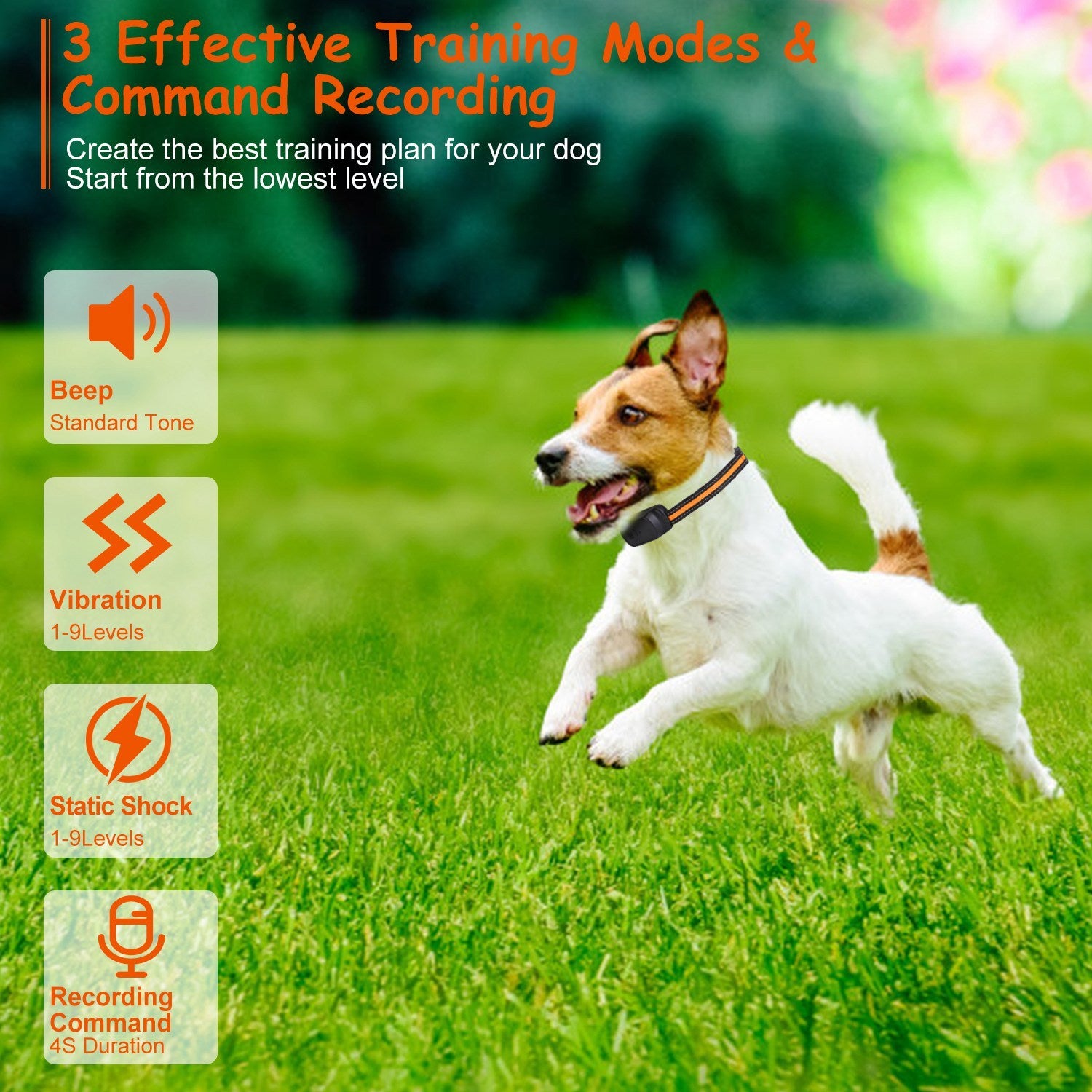Long range dog trainer with safety lock featuring three training modes for effective dog training