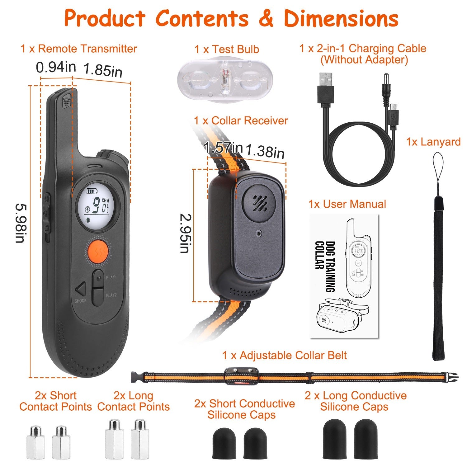 Long range dog trainer with safety lock featuring remote transmitter, collar receiver, and accessories