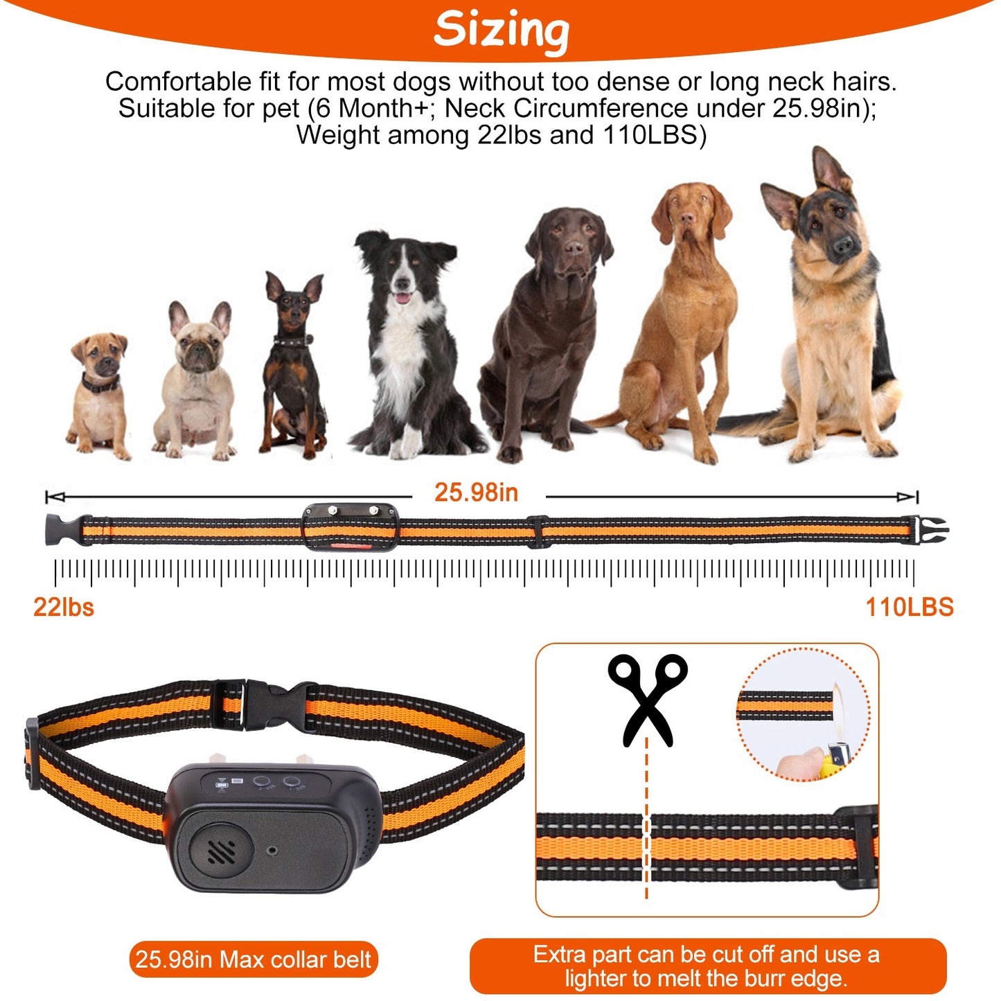Sizing guide for long range dog trainer with safety lock designed for dogs under 110 lbs