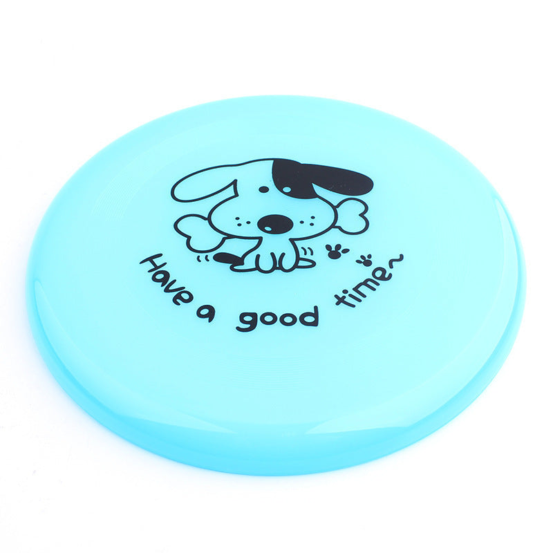 Durable silicone dog frisbee in blue with a playful dog design for fun outdoor playtime