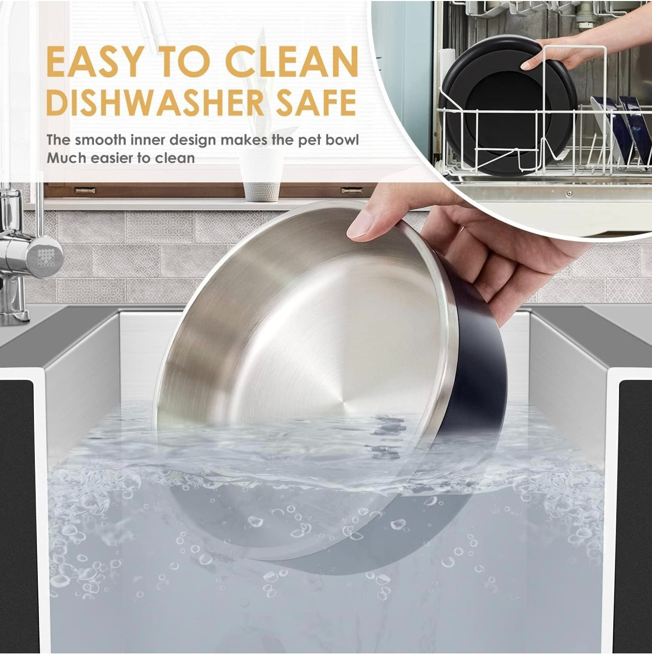 Easy to clean pet feeding bowl shown being washed in a sink for easy maintenance