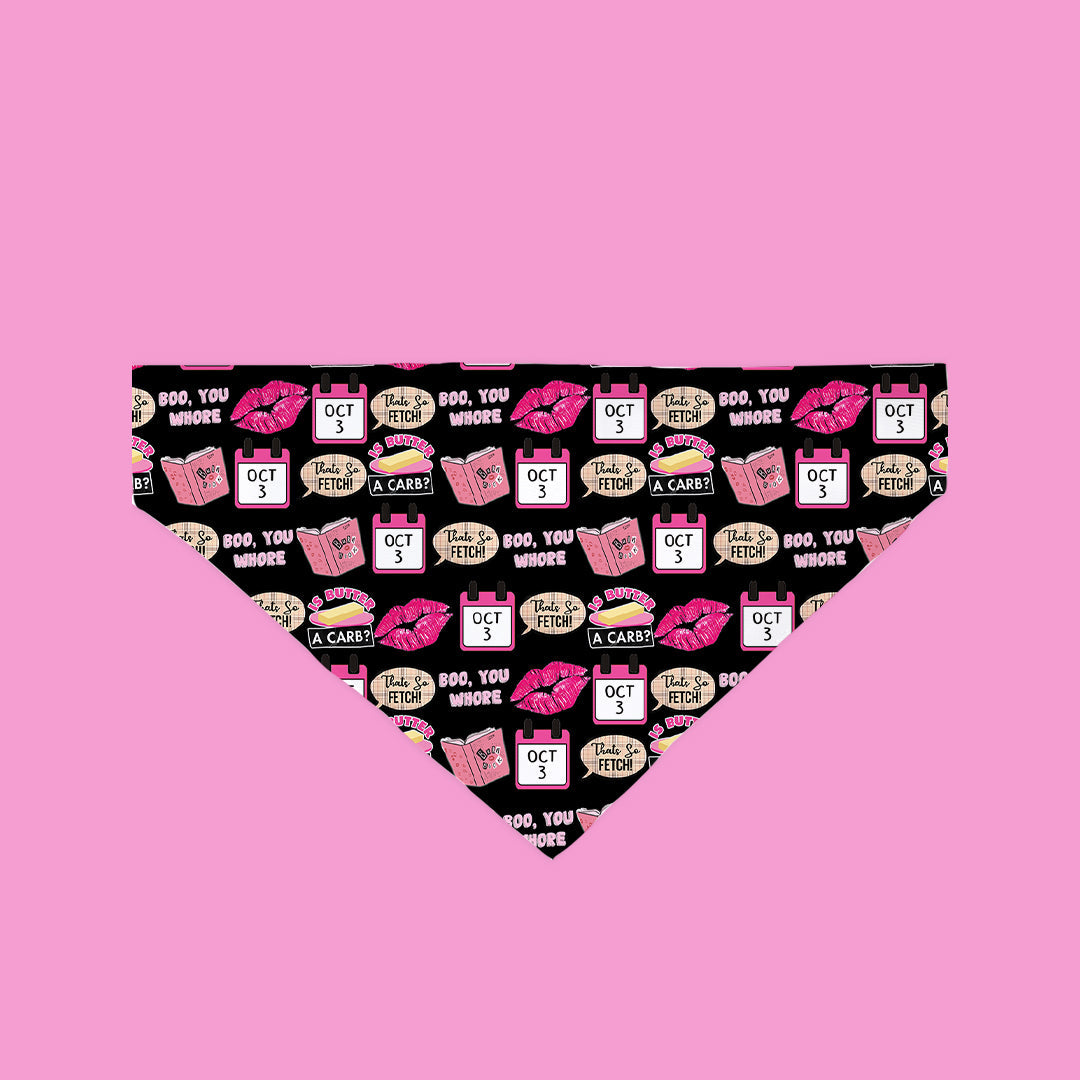 Funny dog bandana with black background and colorful patterns of lips, calendars, and humorous phrases