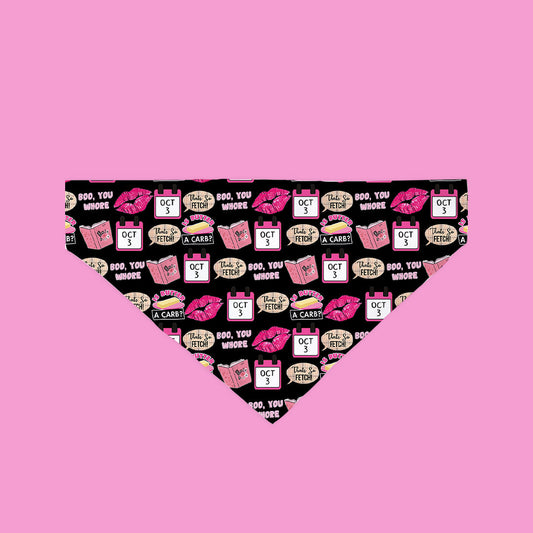 Funny dog bandana with black background and colorful patterns of lips, calendars, and humorous phrases