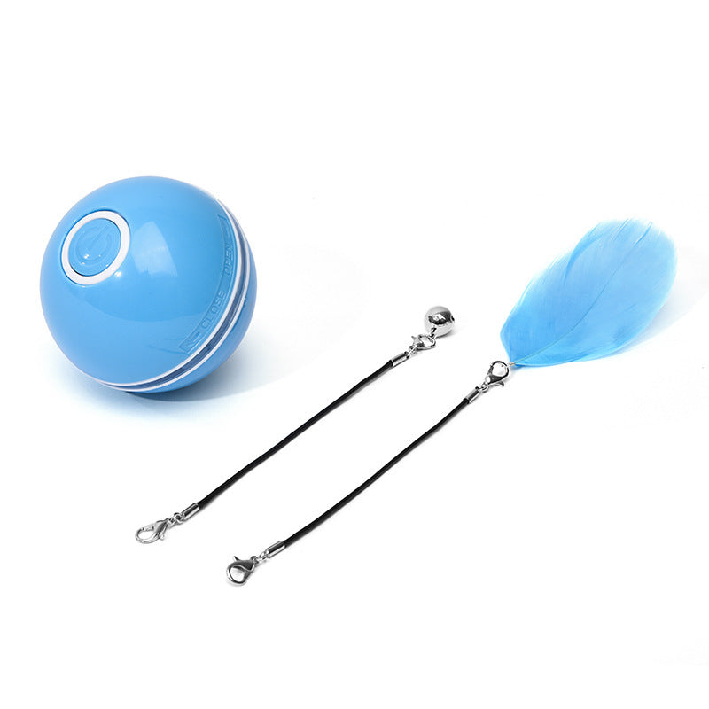 Funny motion activated cat toy with a blue ball and feather attachment for interactive play