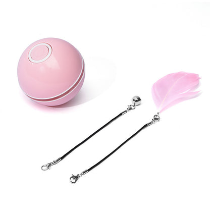 Funny motion activated cat toy featuring a pink ball with feather attachments for playful cats