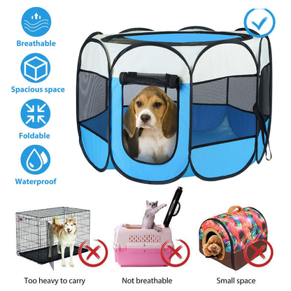 Indoor outdoor pet playpen for dogs and cats featuring breathable mesh and foldable design