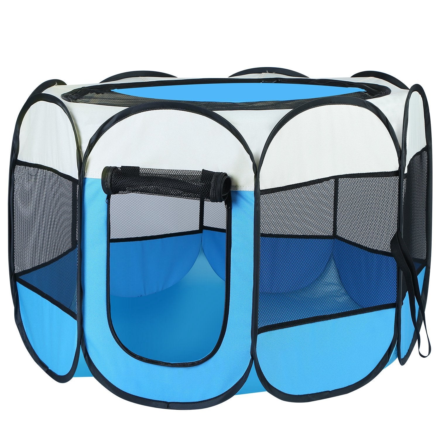 Pet Haven Delights Indoor Outdoor Pet Playpen for Dogs and Cats in blue and white mesh design