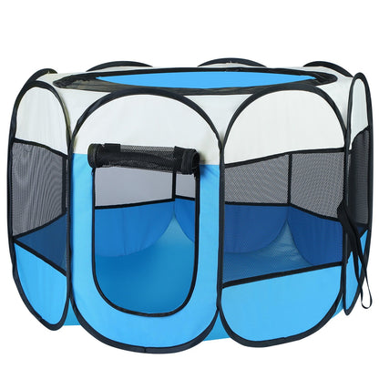 Pet Haven Delights Indoor Outdoor Pet Playpen for Dogs and Cats in blue and white mesh design