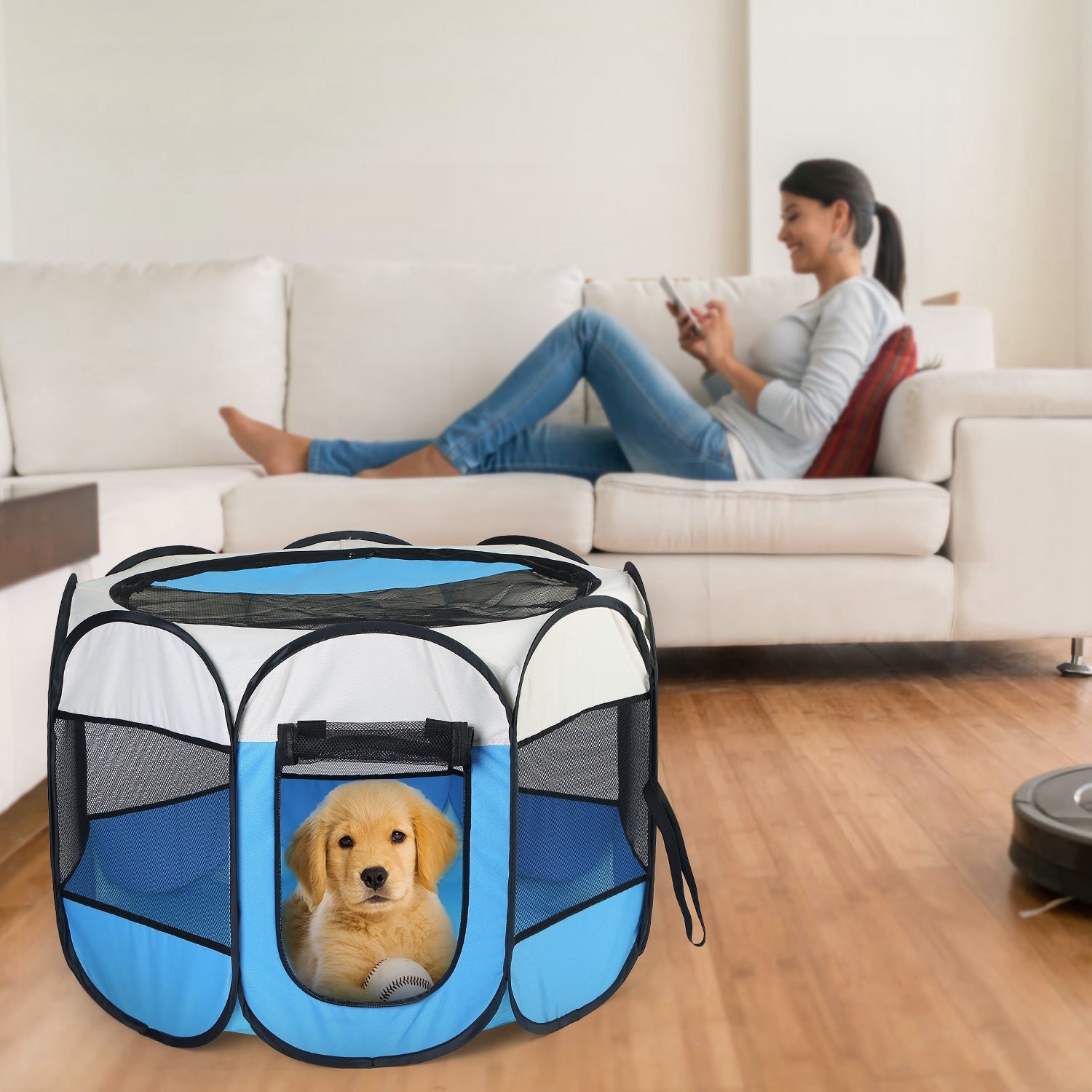 Indoor outdoor pet playpen for dogs and cats in blue with a puppy inside, suitable for safe playtime.