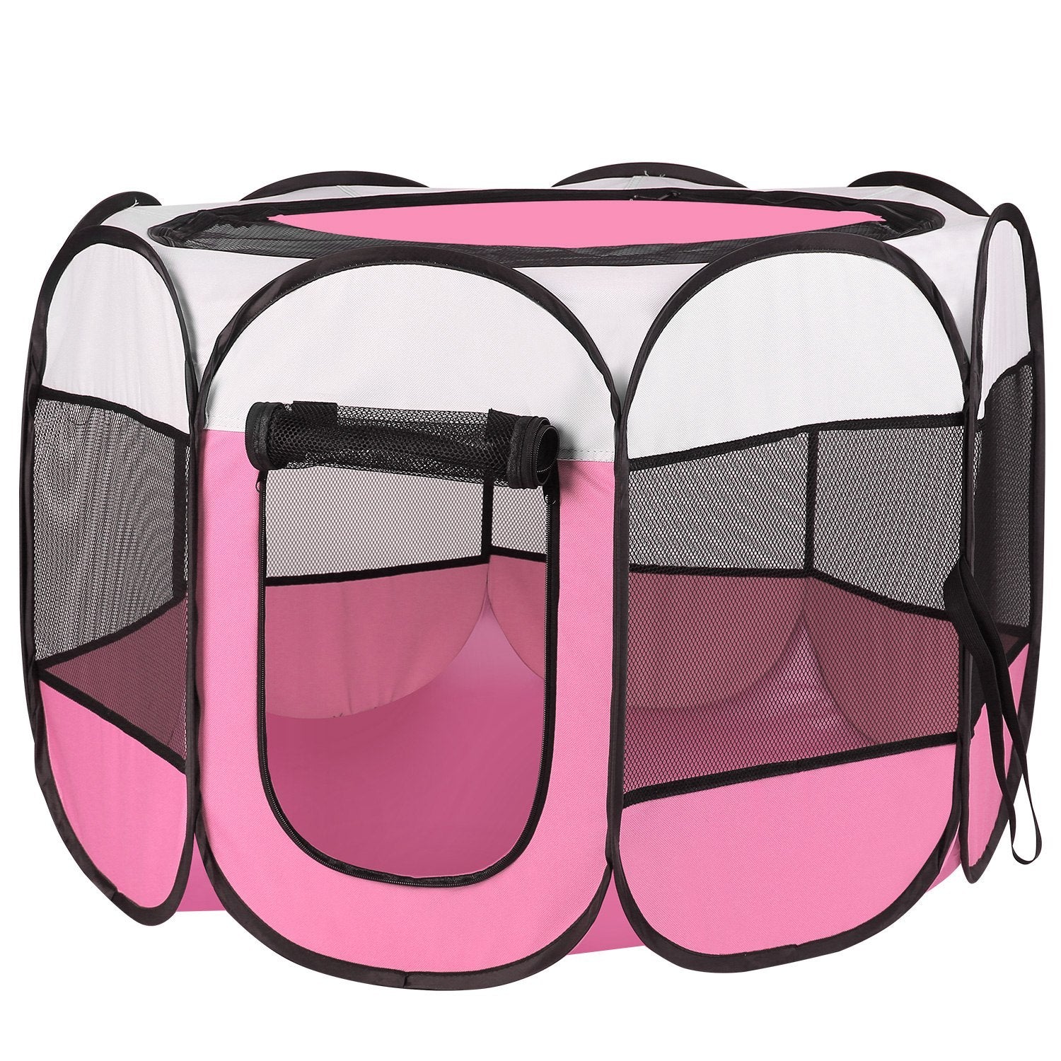 Indoor outdoor pet playpen for dogs and cats in pink with mesh sides for visibility and ventilation