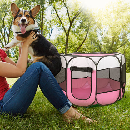 Indoor outdoor pet playpen for dogs and cats with a happy dog and owner in a sunny park