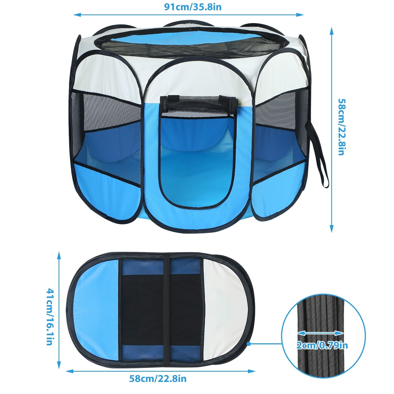 Collapsible indoor outdoor pet playpen for dogs and cats in blue and white, with multiple mesh panels