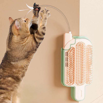 Interactive cat grooming toy attached to a wall with a cat playfully reaching for it