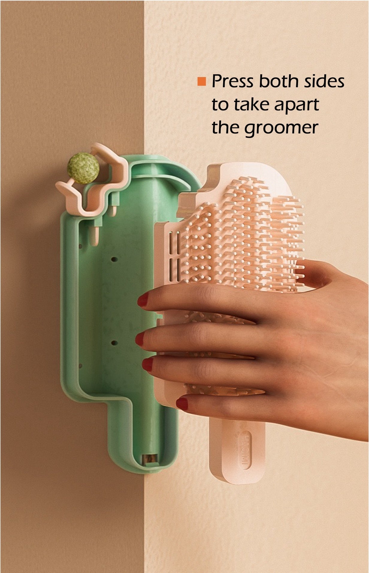 Interactive cat grooming toy designed to easily detach for convenient grooming sessions