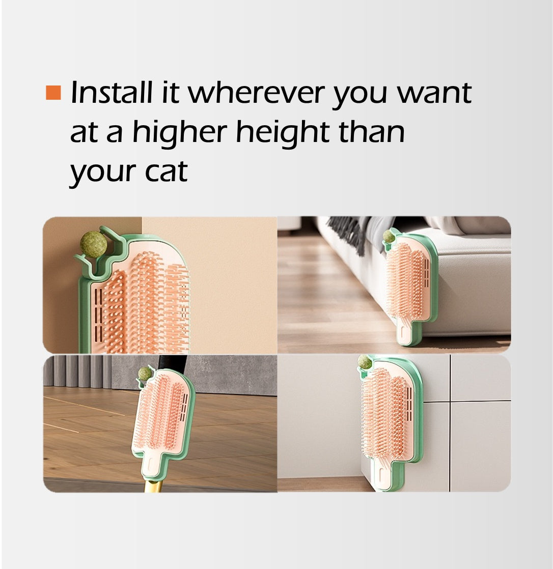 Interactive cat grooming toy mounted on various surfaces for easy access and convenience