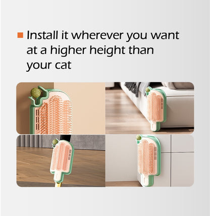 Interactive cat grooming toy mounted on various surfaces for easy access and convenience