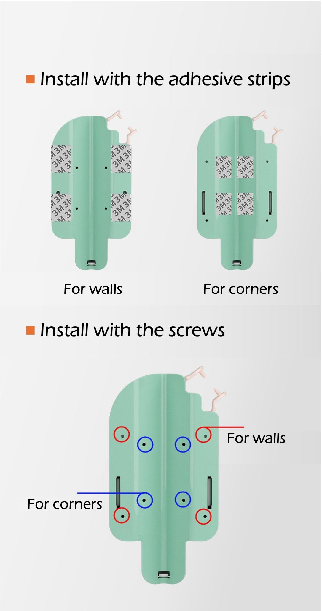 Installation guide for the interactive cat grooming toy showing adhesive strip and screw options for walls and corners