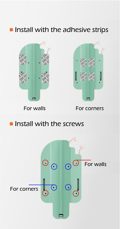 Installation guide for the interactive cat grooming toy showing adhesive strip and screw options for walls and corners