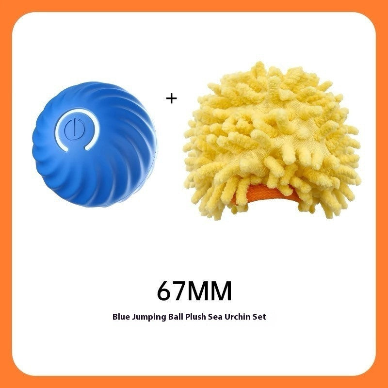 Pet Haven Delights interactive dog ball toy set including a blue jumping ball and plush sea urchin