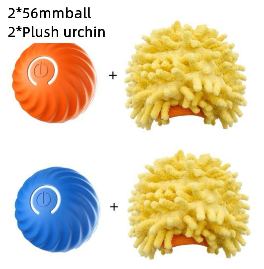 Interactive dog ball toy set with two colorful rubber balls and two plush urchin toys for playful pets