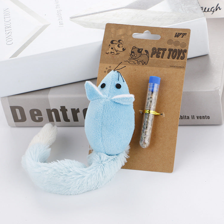 Interactive mouse cat toy in blue with a feather tail and included catnip for playful cats