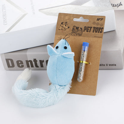 Interactive mouse cat toy in blue with a feather tail and included catnip for playful cats