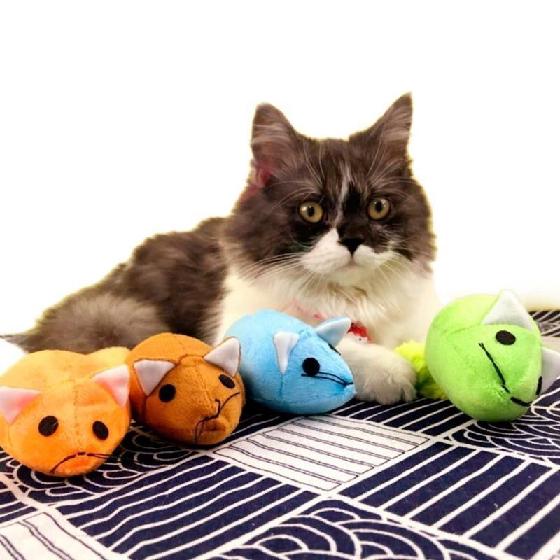Interactive mouse cat toy set featuring colorful plush mice for engaging playtime with cats