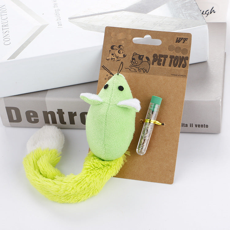 Interactive mouse cat toy in green with a soft tail and a small vial for added fun