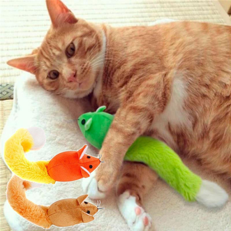 Orange cat playing with interactive mouse cat toy in green and orange colors for fun engagement