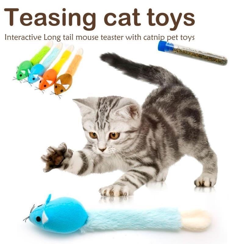 Interactive mouse cat toy with colorful tails and catnip, perfect for playful kittens and cats