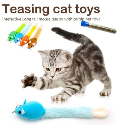 Interactive mouse cat toy with colorful tails and catnip, perfect for playful kittens and cats