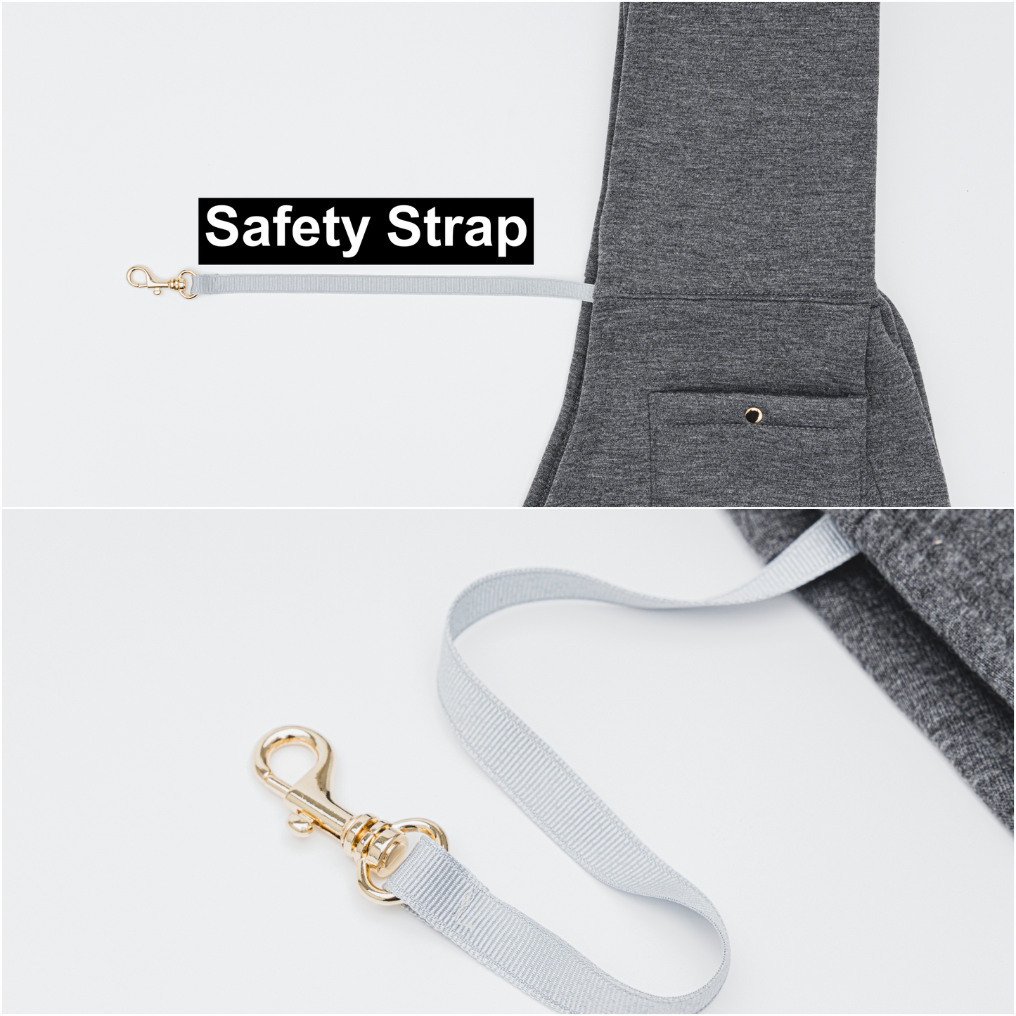 Close-up of safety strap with gold clasp on gray pet sling carrier for small dogs by Emerald Alfie