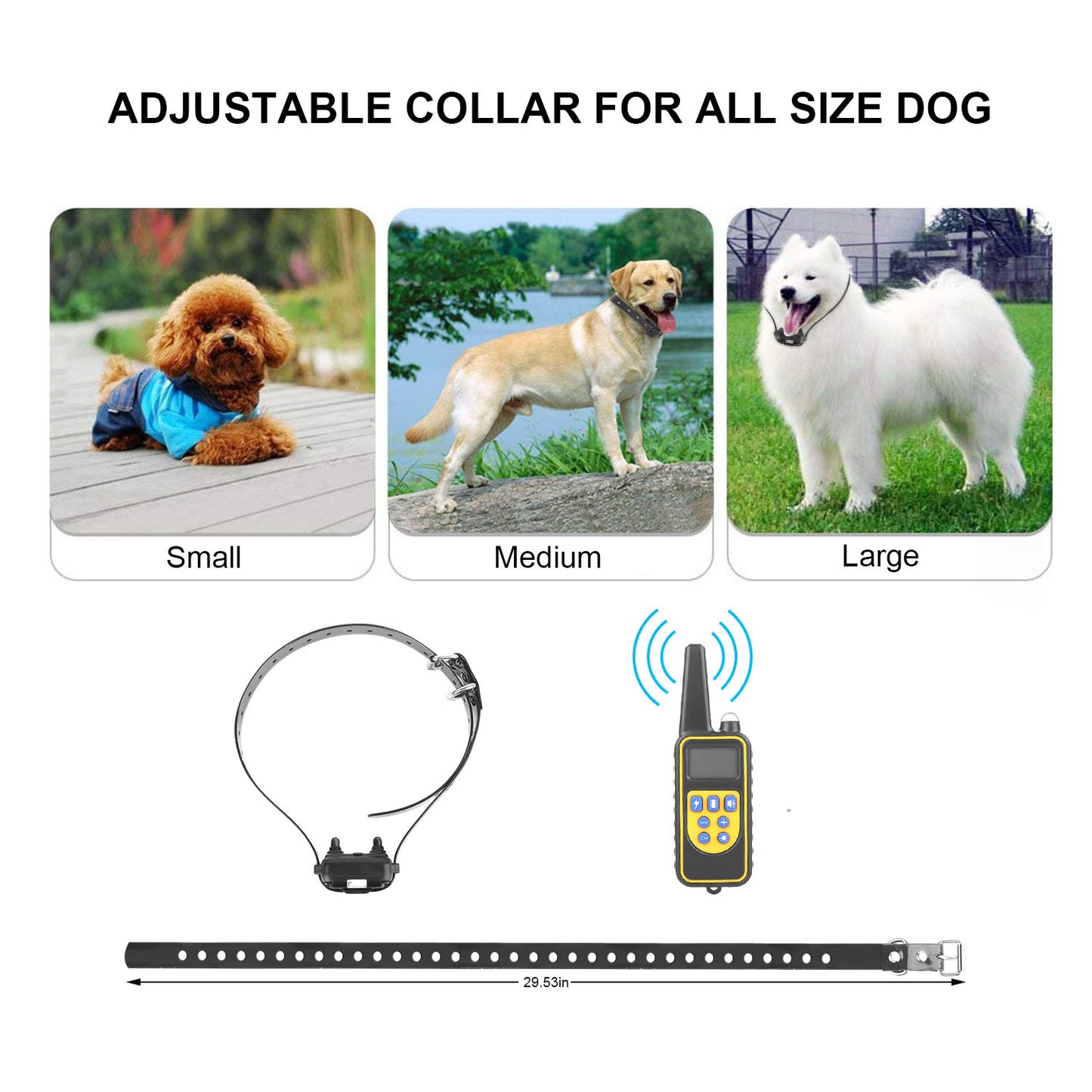 Adjustable long range dog collar 875 yards suitable for small, medium, and large dogs, offering versatility and comfort